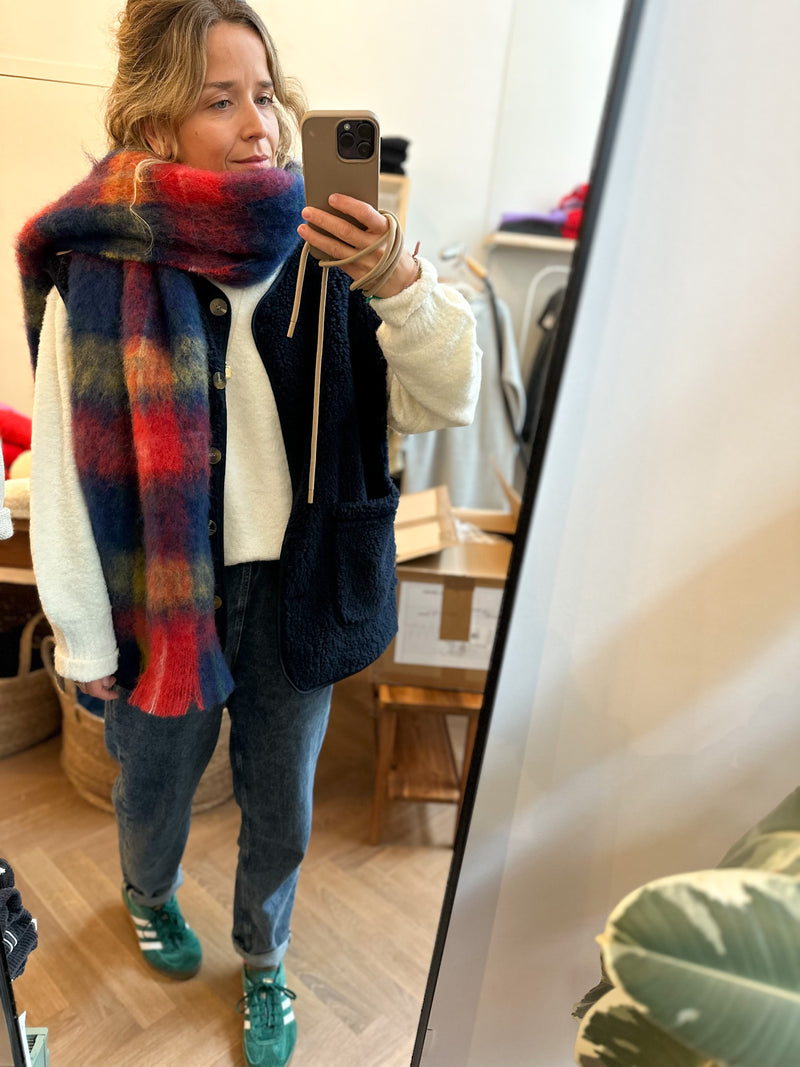 Mohair wool check scarf - Dark blue/red/yellow
