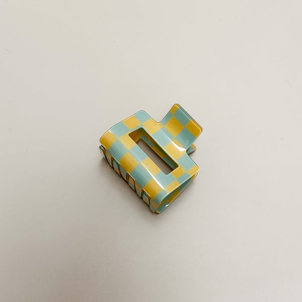 Hair clip square shape - Sky/yellow check