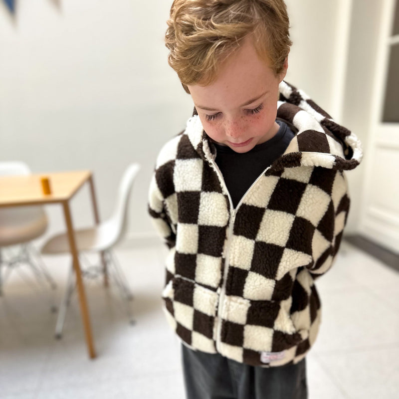Checkered teddy hoodie - Brown/cream