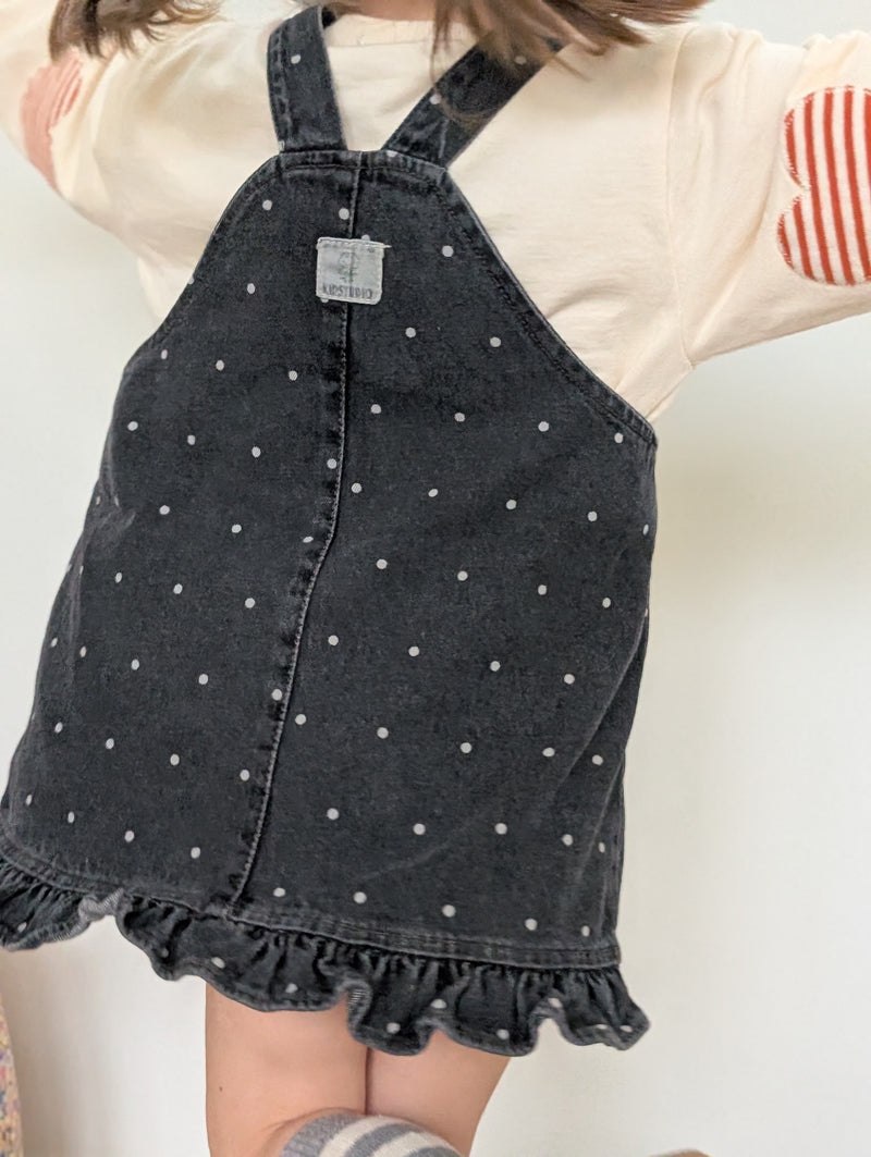 Ruffle dots denim dress- Black washing