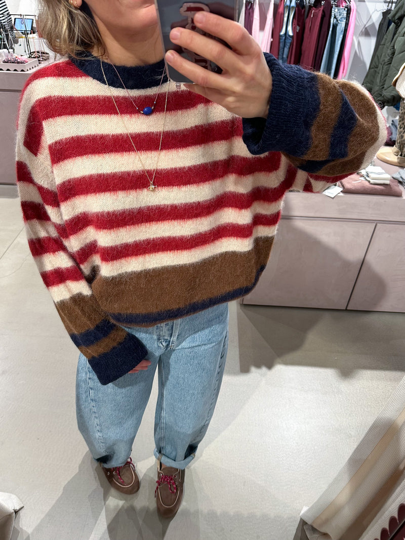 Alpaca stripe jumper - Wine/cream/blue