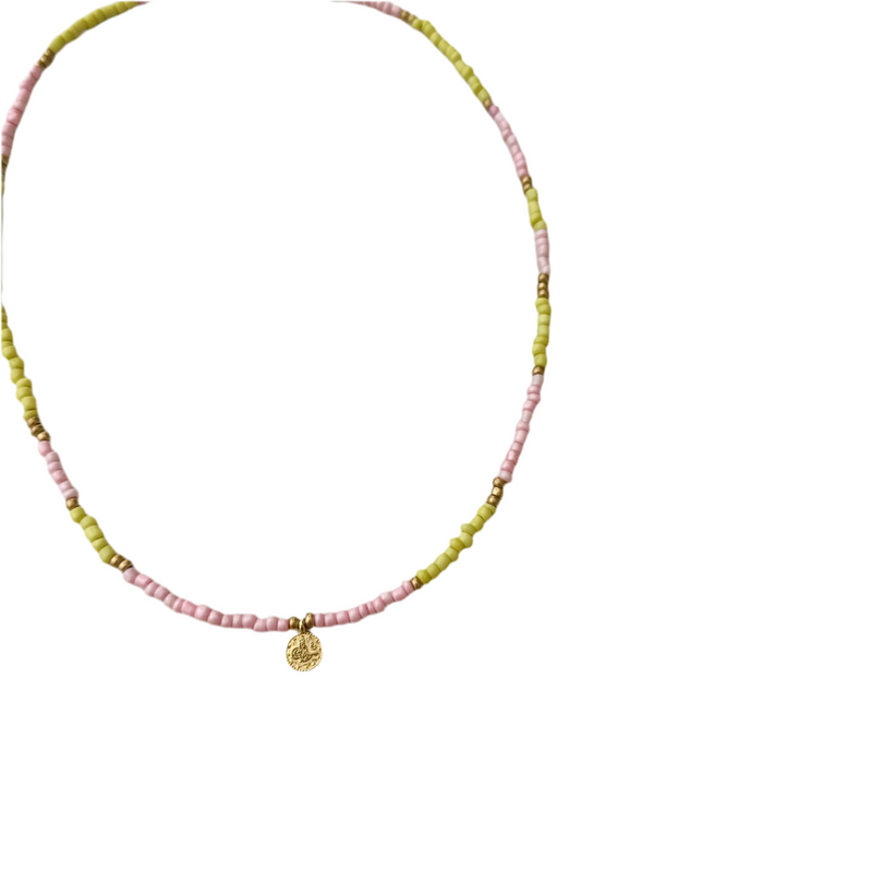 Bicolor beads necklace with coin - Pink/yellow