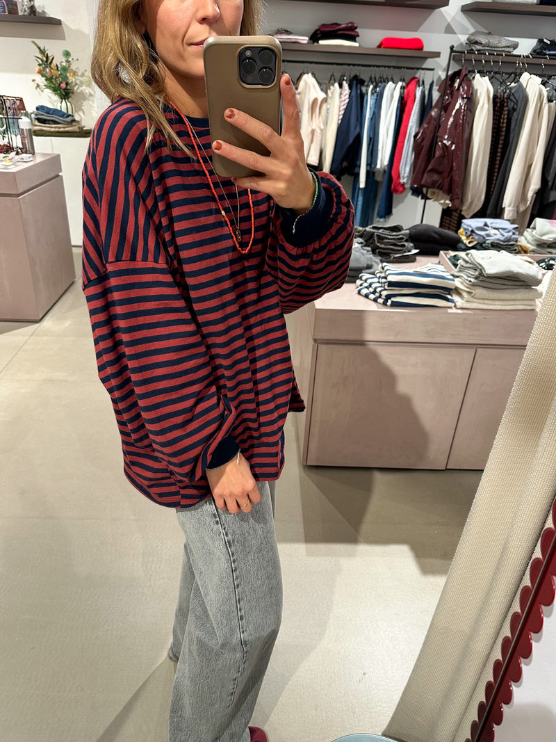 Oversized striped tee - Brick/navy