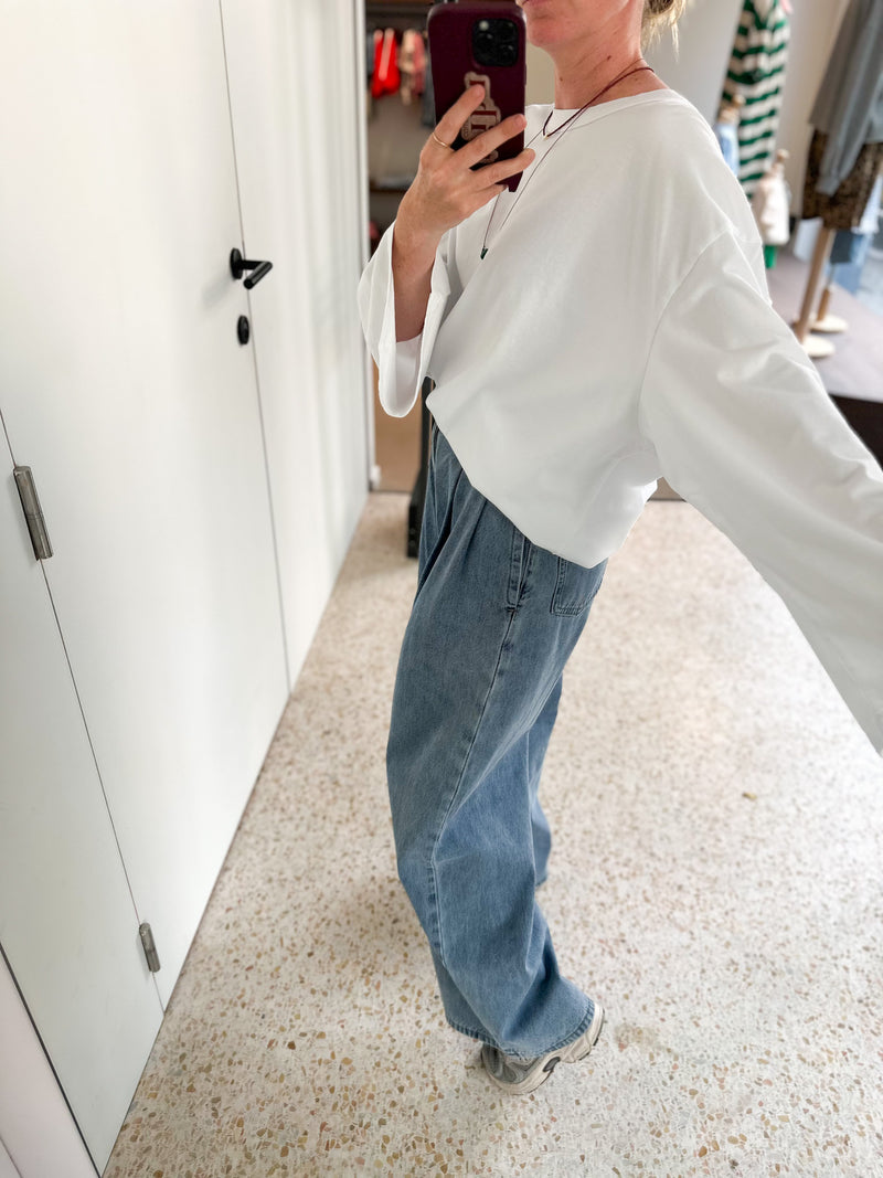 Wide denim pants with pleats - Washed blue