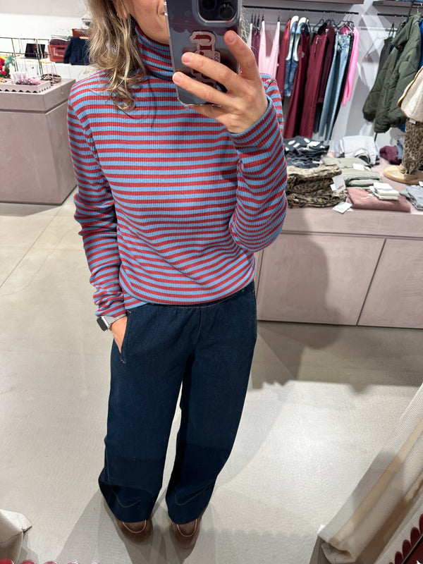 Rib stripe turtleneck - Rust/sky
