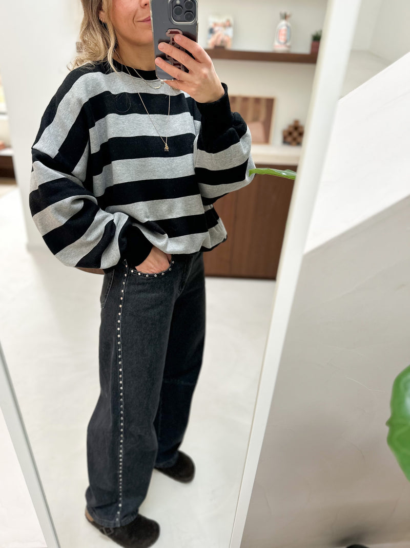 Joe striped fleeced sweatshirt - Black/grey melange