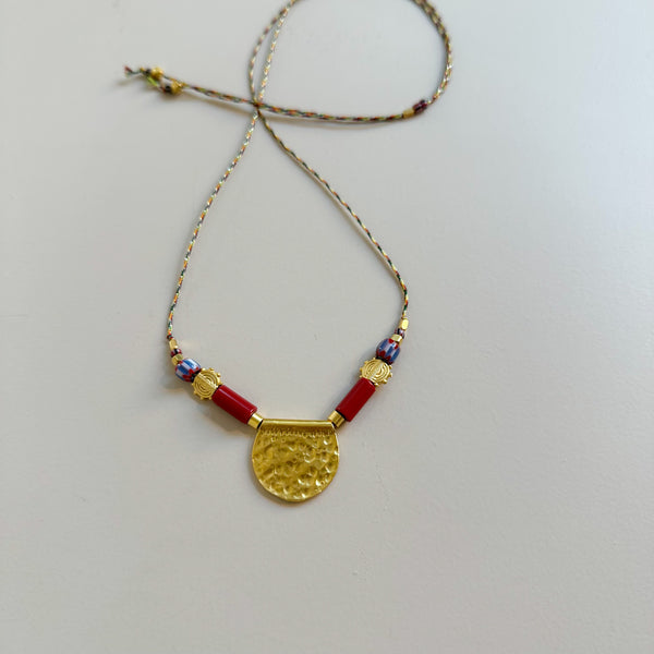 Medallion x vintage beads necklace - Gold/red