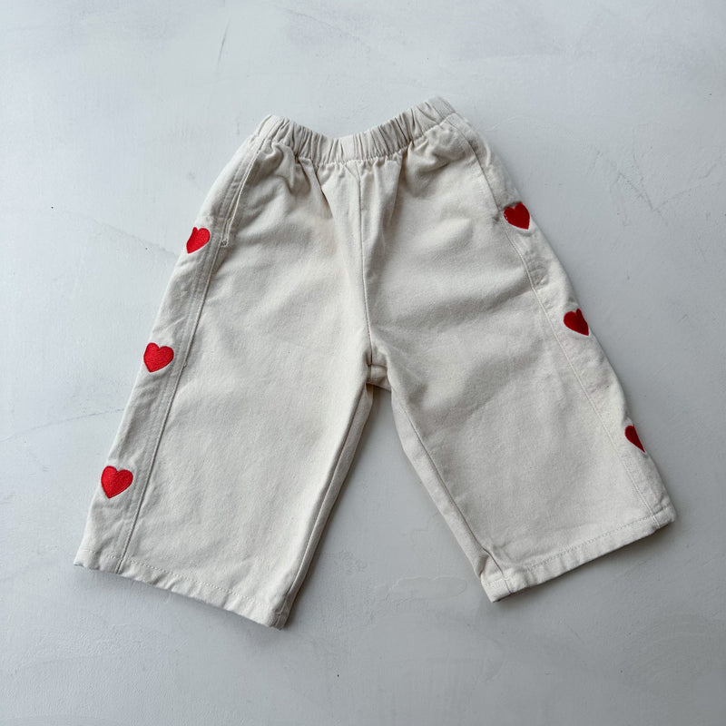 Heart embroidery wide jeans - Natural washing