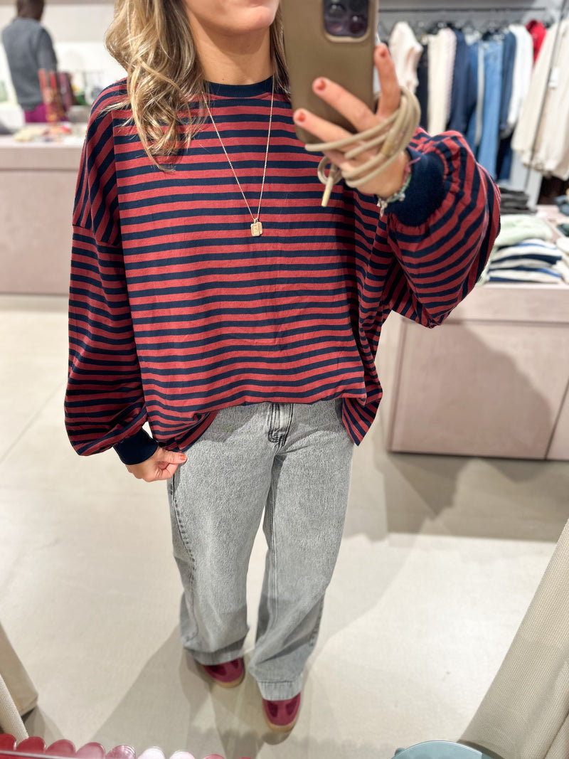 Oversized striped tee - Brick/navy