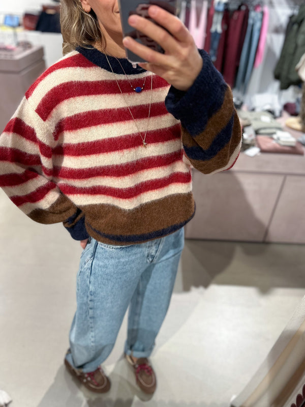 Alpaca stripe jumper - Wine/cream/blue