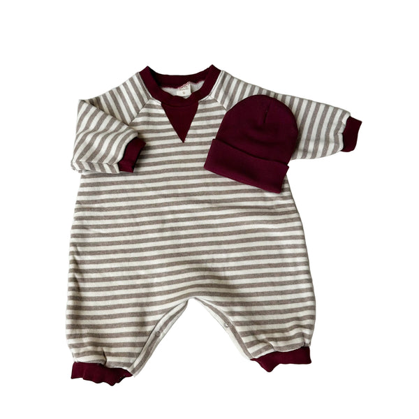 Striped fleece sweater onesie - Cocoa/burgundy