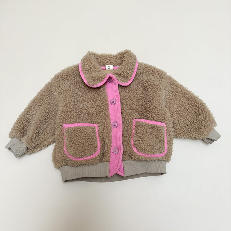 Fleeced teddy collar coat - Beige/pink