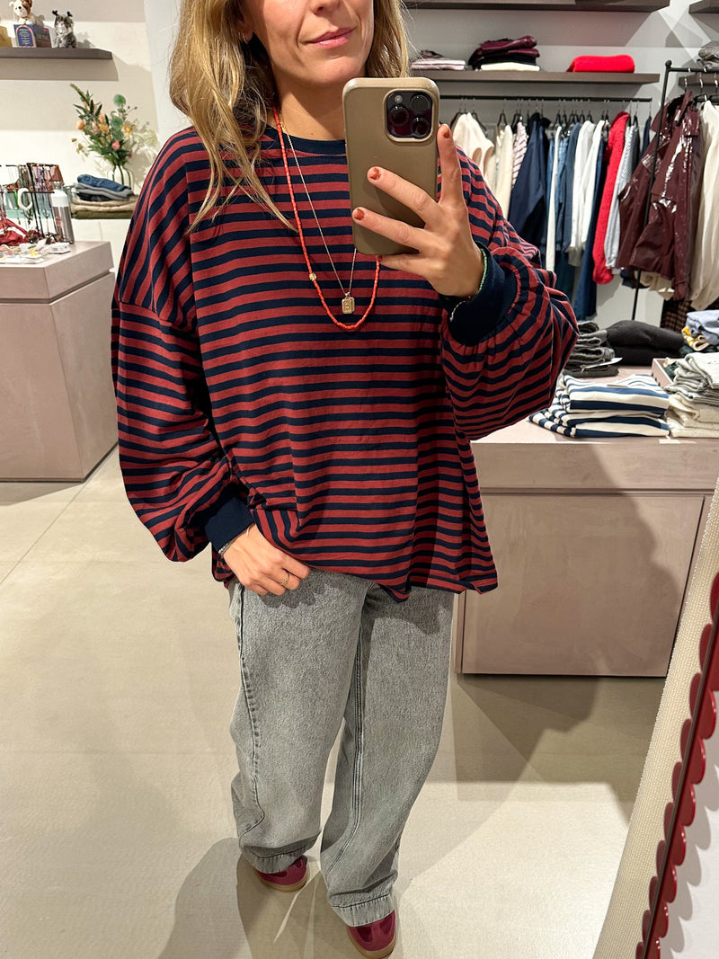 Oversized striped tee - Brick/navy