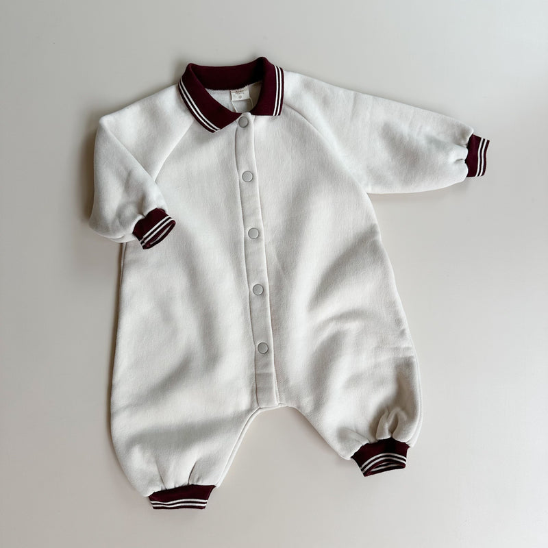 Collar button onesie - Cream/burgundy