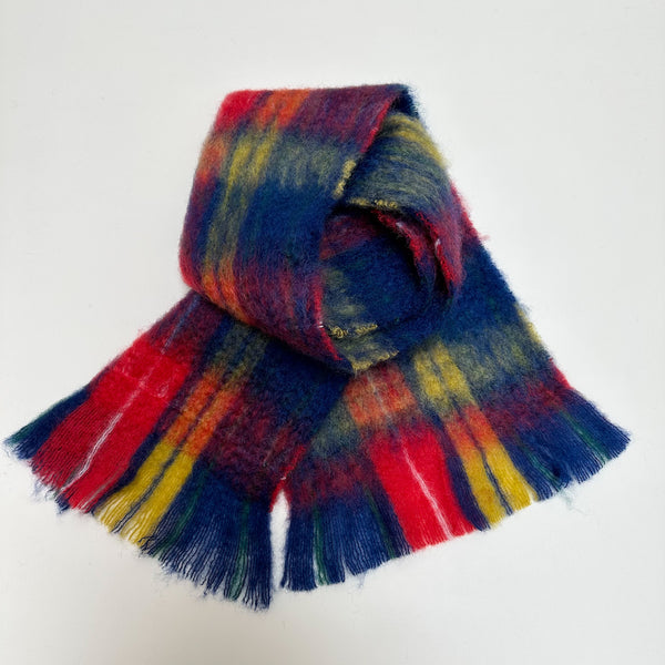 Mohair wool check scarf - Dark blue/red/yellow