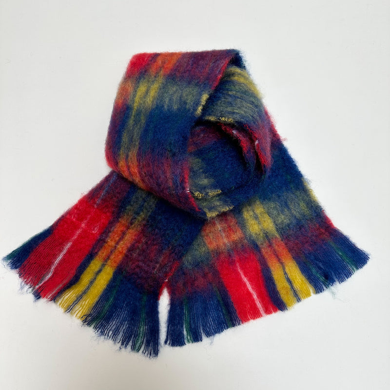 PRE ORDER Mohair wool check scarf - Dark blue/red/yellow