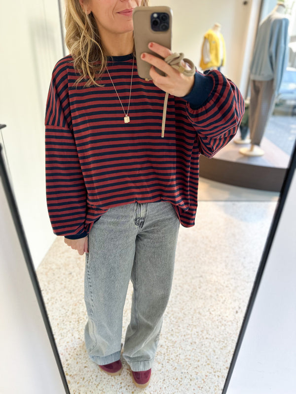 Oversized striped tee - Brick/navy