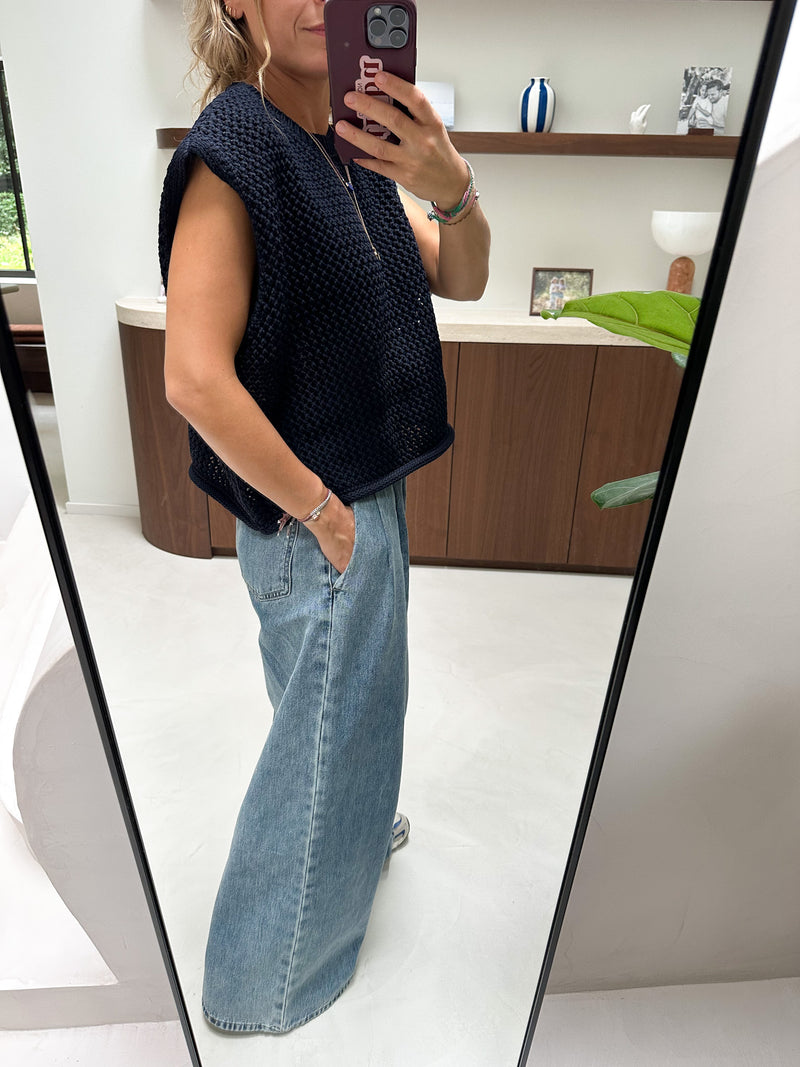Wide denim pants with pleats - Washed blue