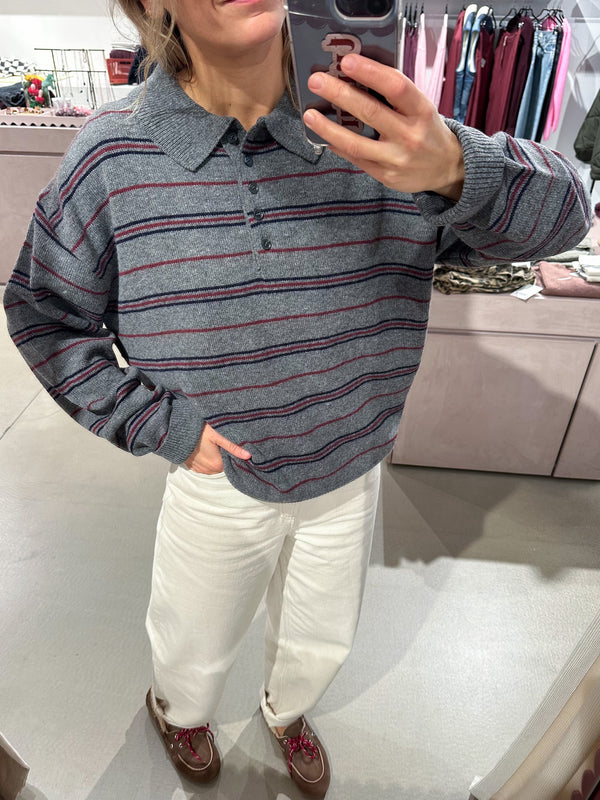 Wool mix striped polo - Dark grey melange