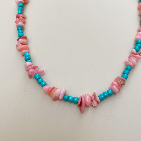 Special beads necklace  - Coral pink/Turquoise