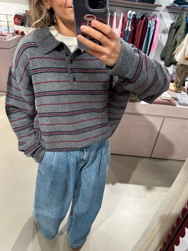 Wool mix striped polo - Dark grey melange