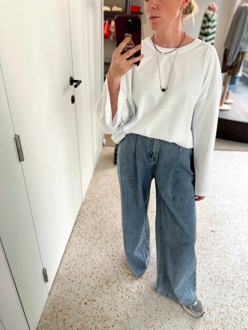 Wide denim pants with pleats - Washed blue