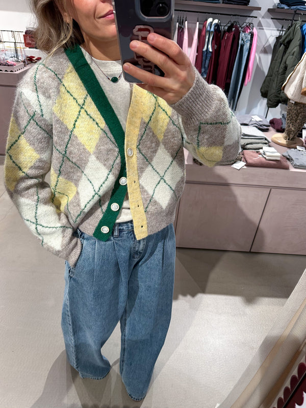 Cropped argyle cardigan - Soft yellow