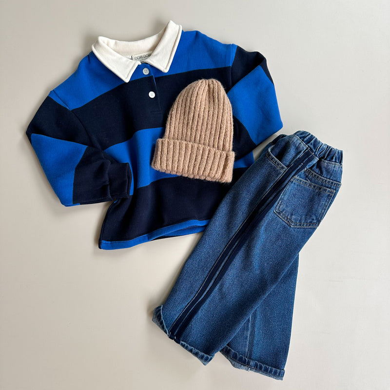 Fleece striped polo sweater - Blue