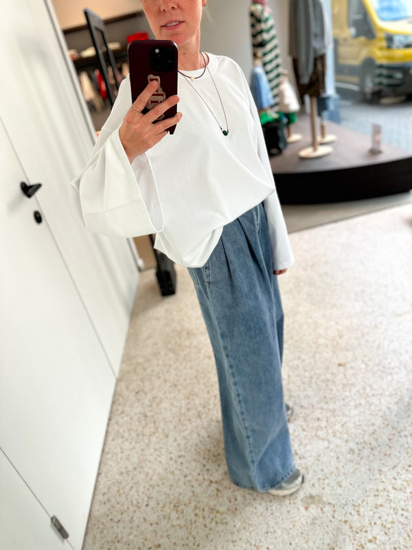 Wide denim pants with pleats - Washed blue