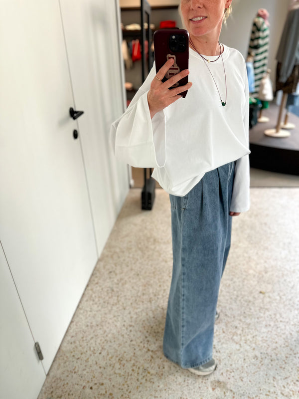 Wide denim pants with pleats - Washed blue