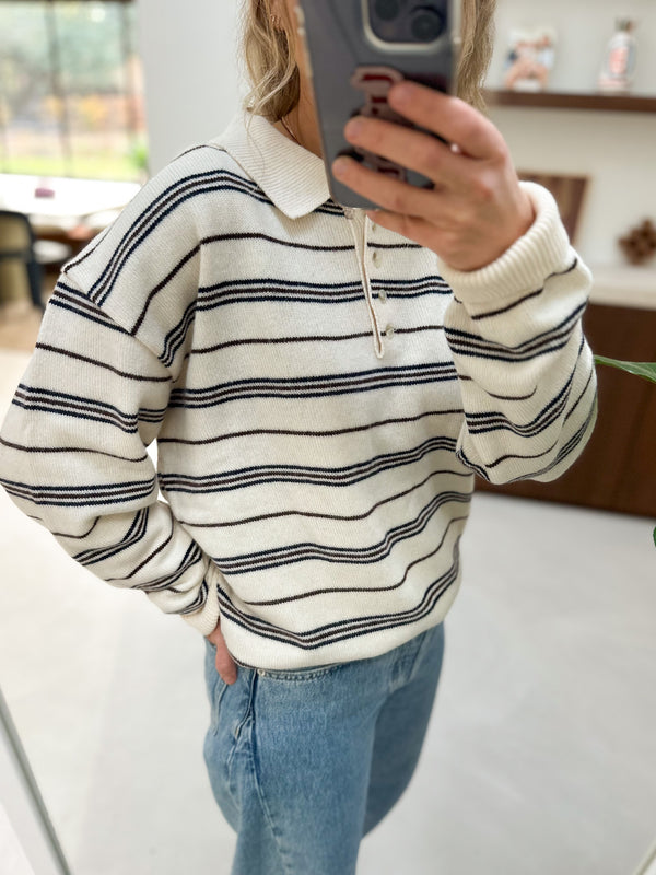 Wool mix striped polo - Cream