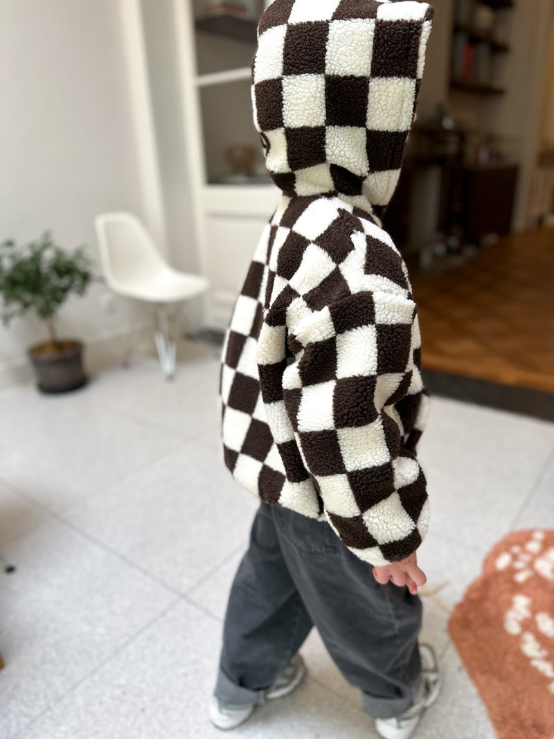 Checkered teddy hoodie - Brown/cream