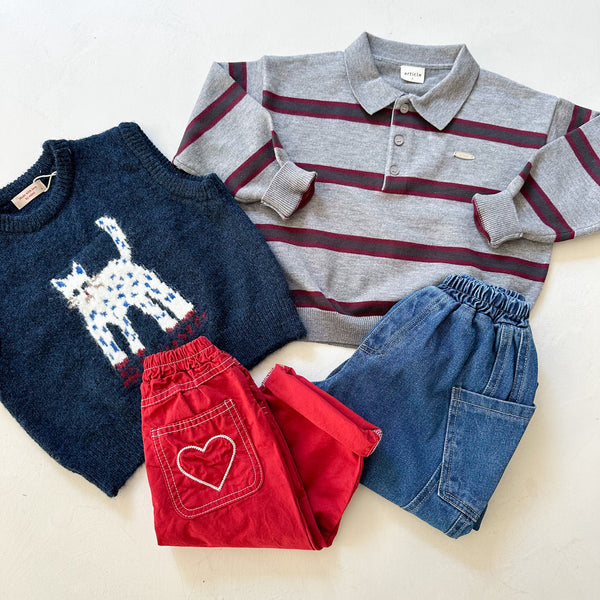 Fine knit striped polo - Grey melange/burgundy