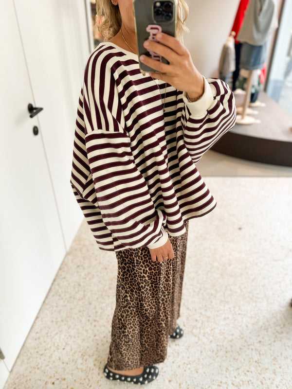 Oversized fleeced boxy sweatshirt - Burgundy stripes