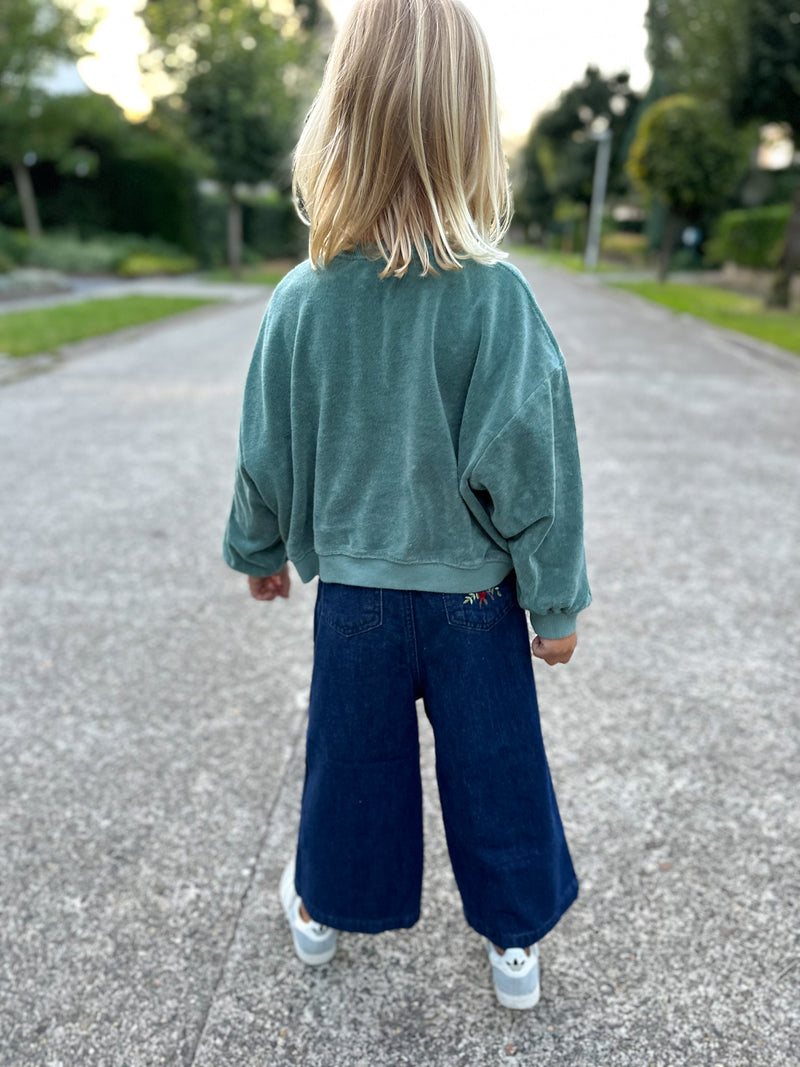 Flower embroidery jeans- Dark blue