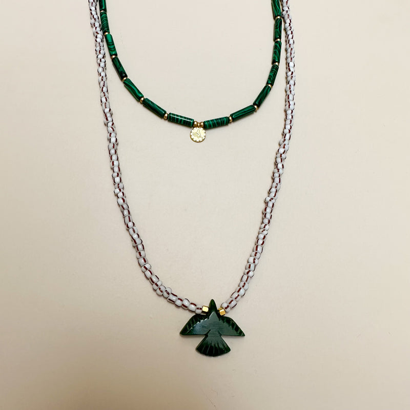 Striped beads x bird necklace - White/green