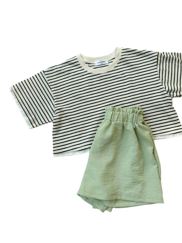 Lace stripe crop tee - Ivory/black