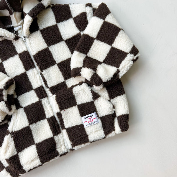 Checkered teddy hoodie - Brown/cream
