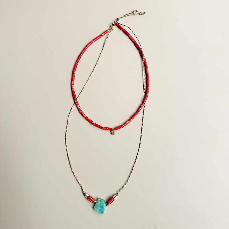 Long stone necklace - Aqua/coral