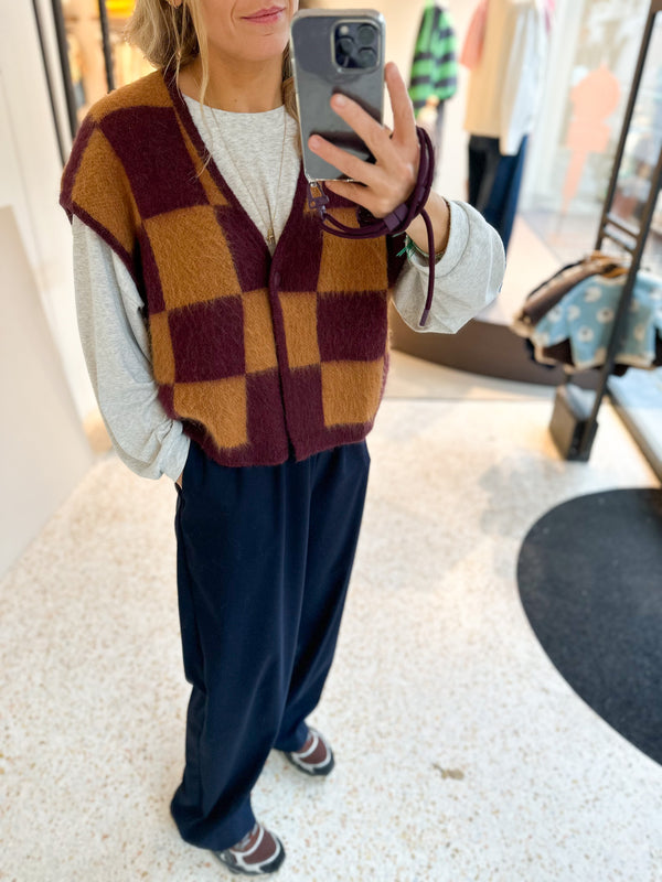 Mohair checkered vest - Burgundy/caramel