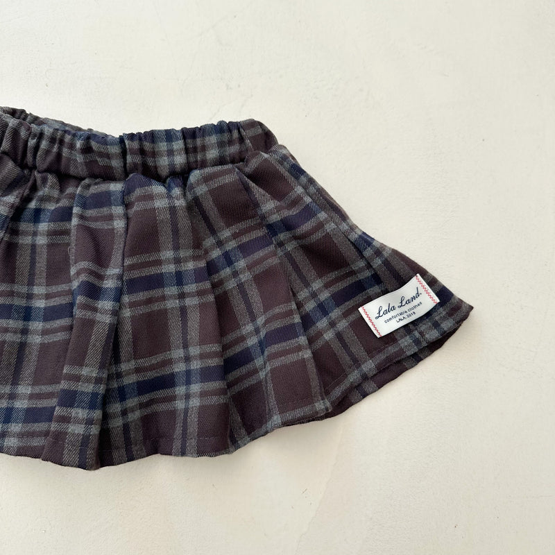 Pleated check skirt - Navy/brown