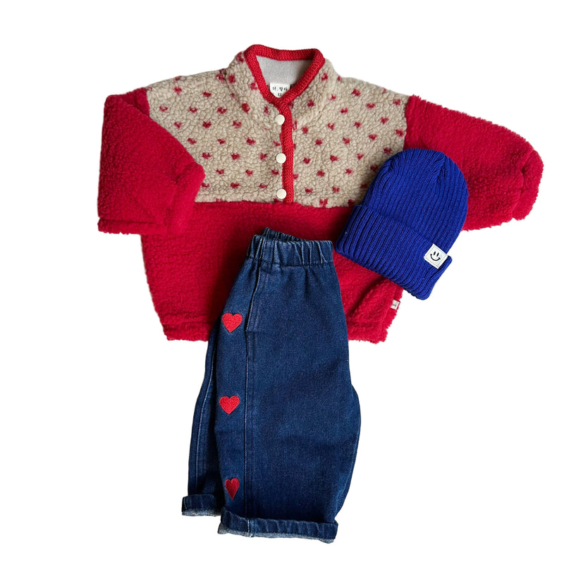 Mini hearts teddy jumper - Beige/red