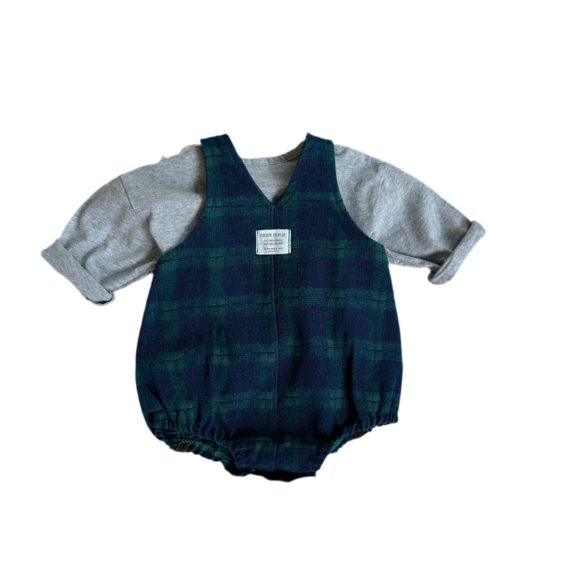 Checked denim onesie - Blue/green
