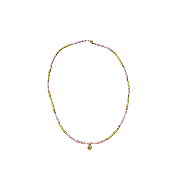Bicolor beads necklace with coin - Pink/yellow