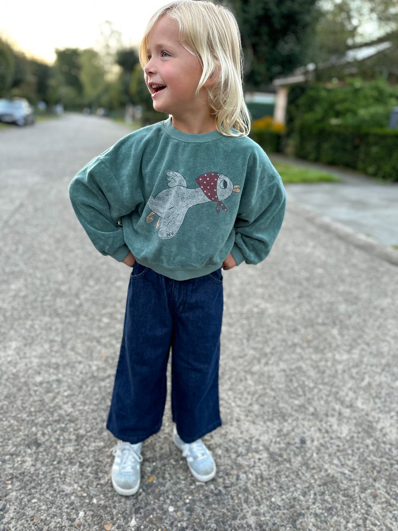 Flower embroidery jeans- Dark blue