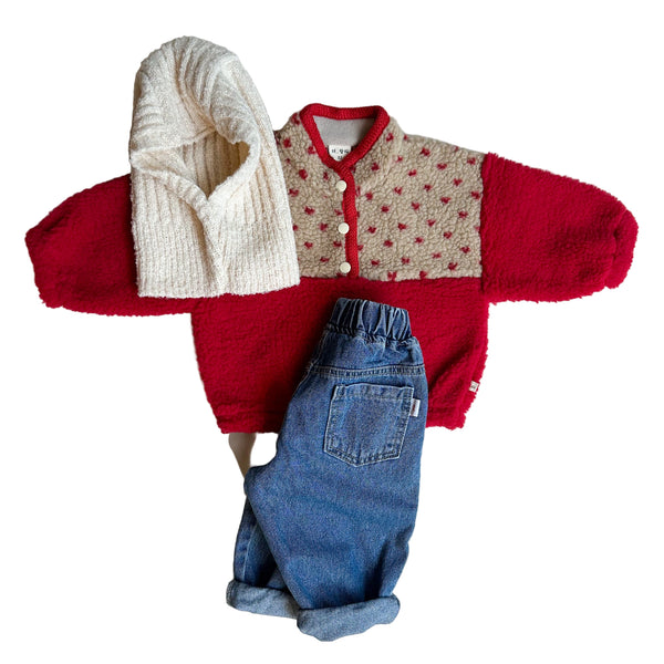 Mini hearts teddy jumper - Beige/red