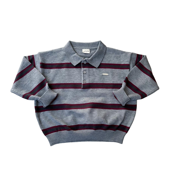 Fine knit striped polo - Grey melange/burgundy