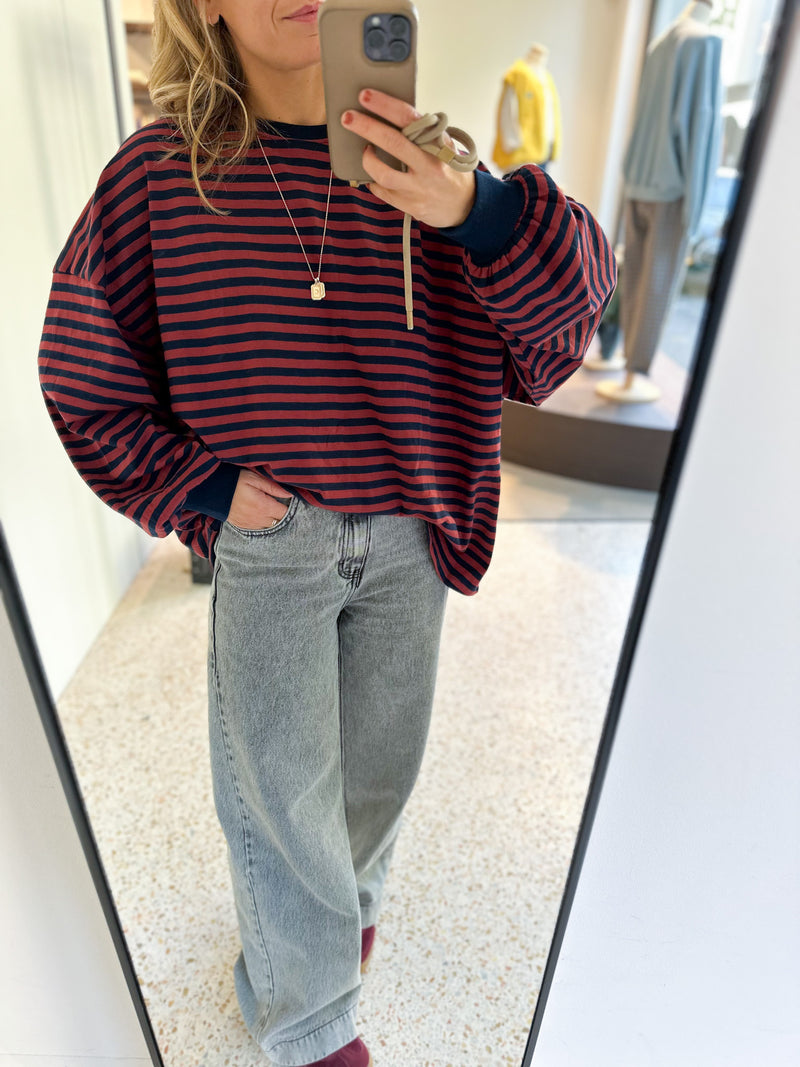 Oversized striped tee - Brick/navy