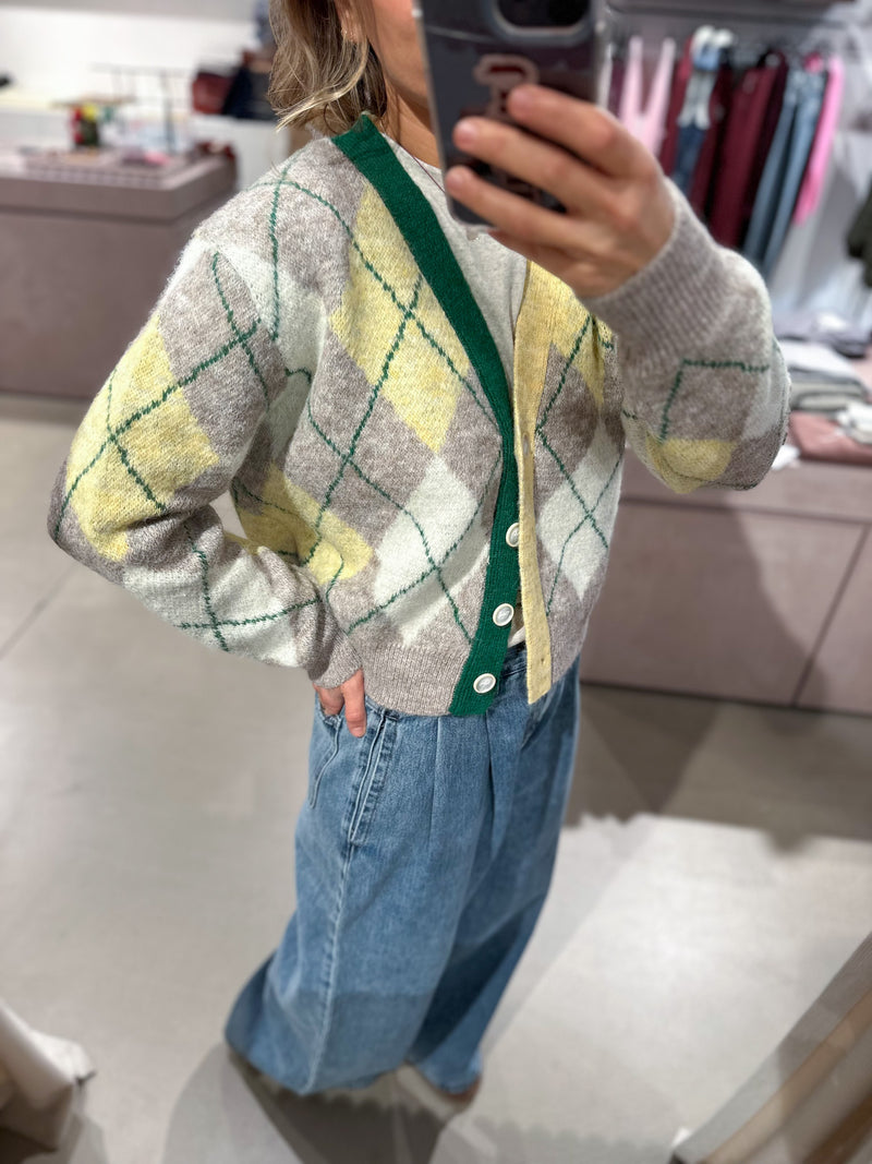 Cropped argyle cardigan - Soft yellow