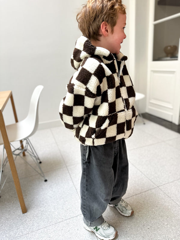 Checkered teddy hoodie - Brown/cream